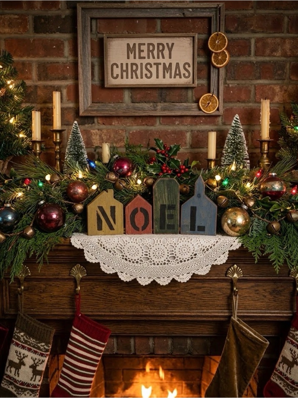NOEL Wooden Mantel Decoration - Green, Red, Blue Holiday Sign Storefront Town